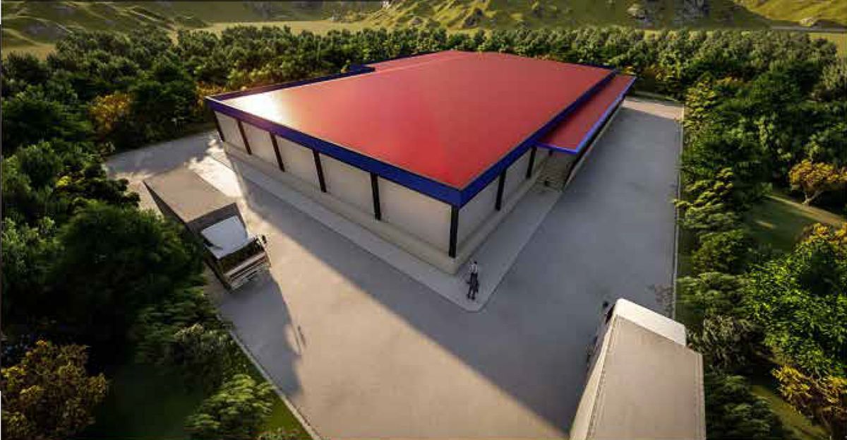 Cold storage warehouse with red roof, aerial render