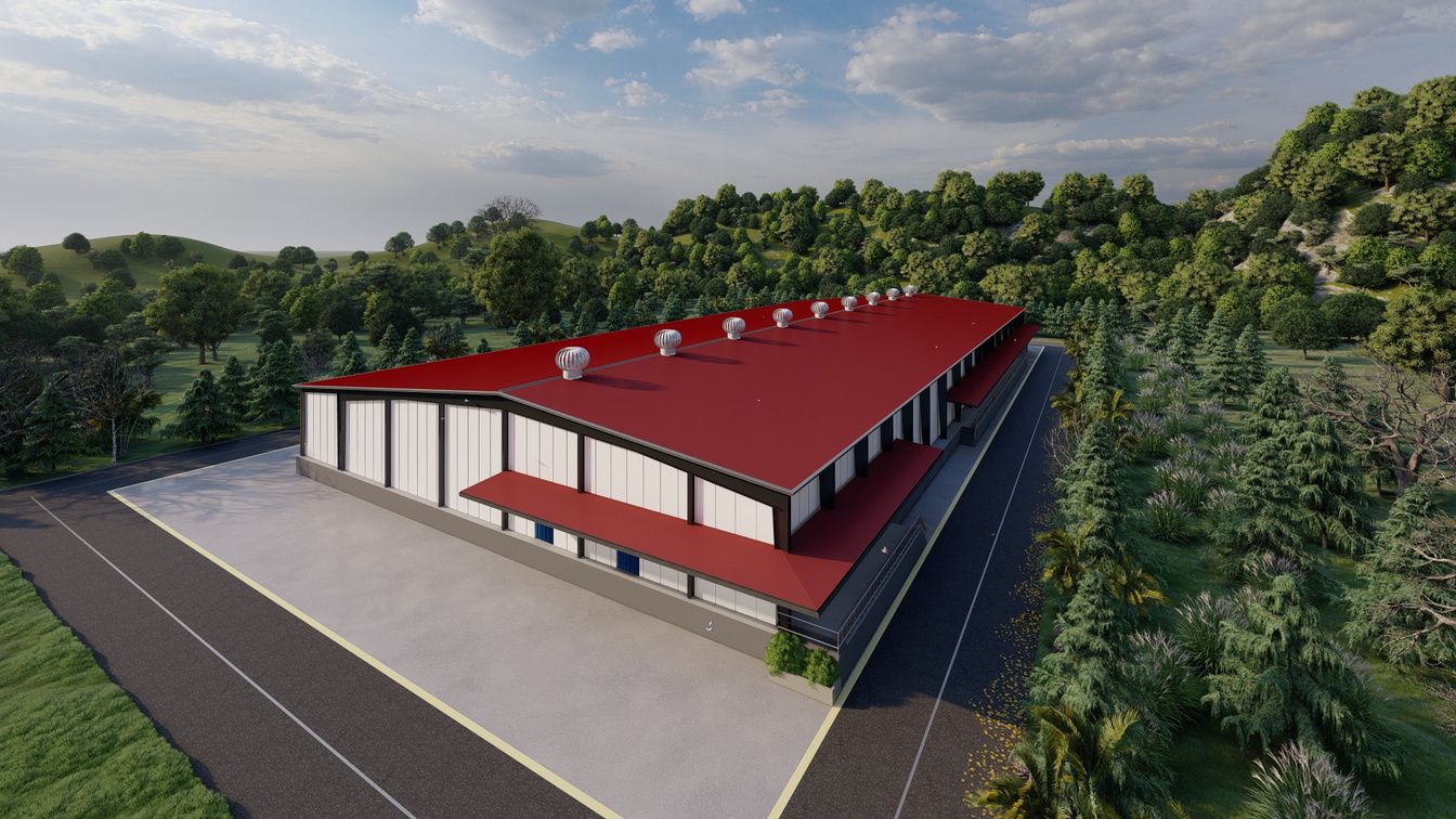Red-roofed poultry dressing plant aerial render